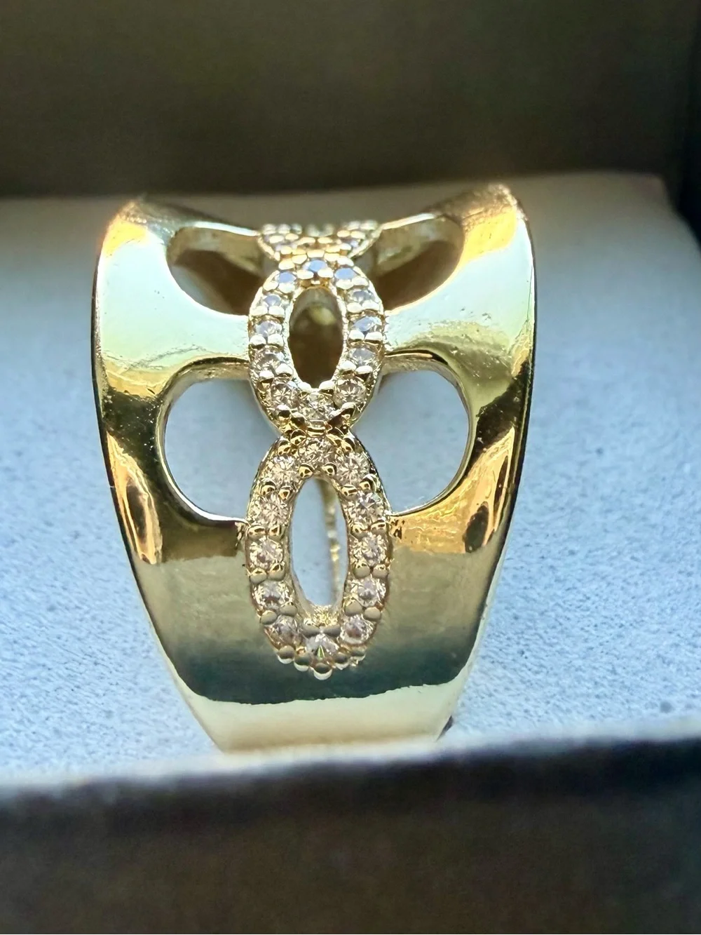 NEW! 18k Yellow Gold Plated Openwork Link CZ Accent Wide Band Ring